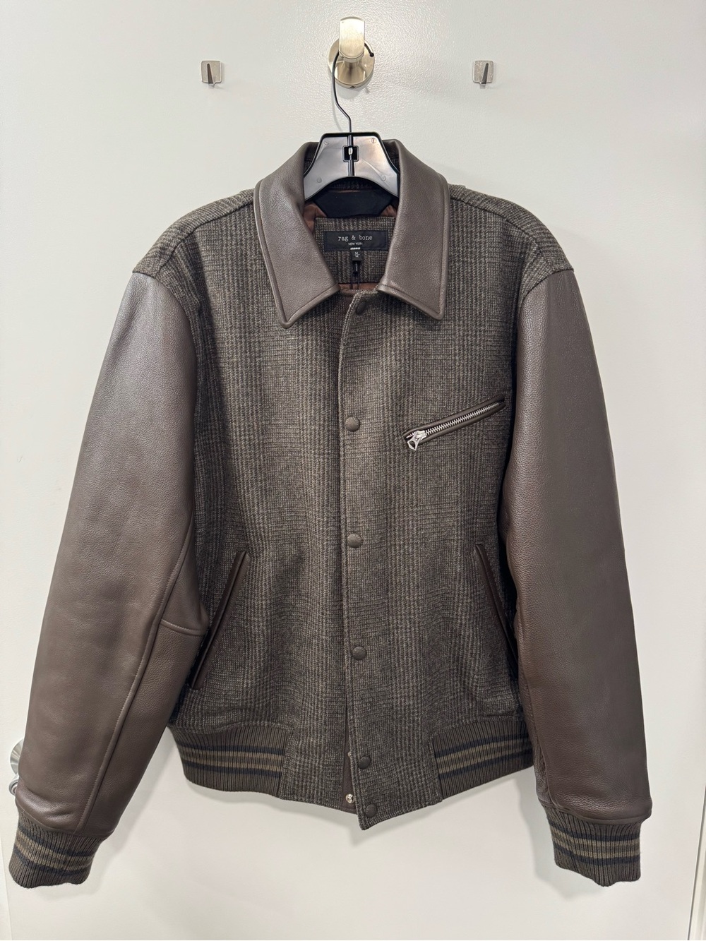 rag & bone Brown Wool Bomber Jacket with Leather Sleeves